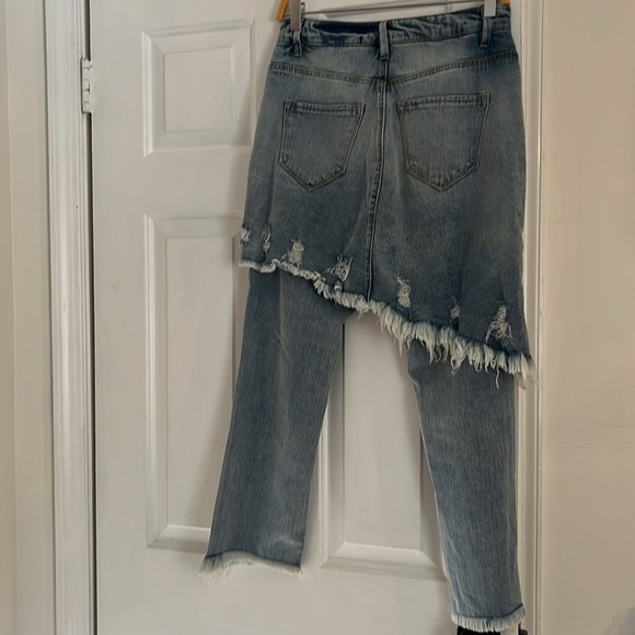Jeans jean skirt over jeans, distressed flared legs, but cropped , very bohemian - Picture 6 of 6